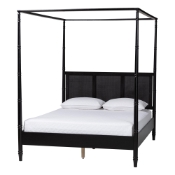Baxton Studio Marisela Canopy Bed with Synthetic Rattan Headboard - Black Wood Bed Frame with Bamboo-Inspired Posts, Modern Transitional Bedroom Accent Furniture, King Size